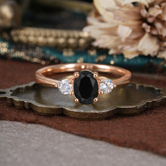 1 Carat Oval Shaped Classic Three Stone Black Onyx Wedding Ring