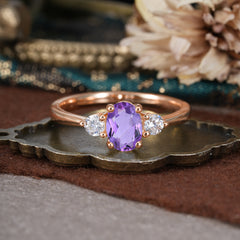 1 Carat Oval Shaped Classic Three Stone Amethyst Wedding Ring