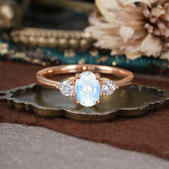 1 Carat Oval Shaped Classic Three Stone Moonstone Wedding Ring