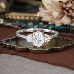 1 Carat Oval Shaped Classic White Three Stone Moissanite Wedding Ring