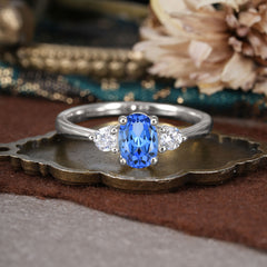 1 Carat Oval Shaped Classic Three Stone Sapphire Wedding Ring