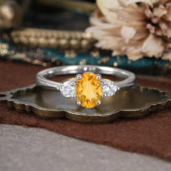 1 Carat Oval Shaped Classic Three Stone Citrine Wedding Ring