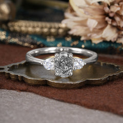 1 Carat Oval Shaped Classic Three Stone Black Rutilated Quartz Wedding Ring