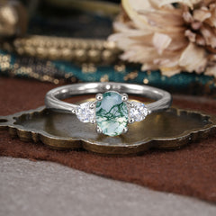 1 Carat Oval Shaped Classic Three Stone Moss Agate Wedding Ring