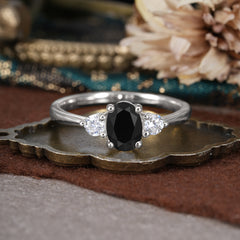 1 Carat Oval Shaped Classic Three Stone Black Onyx Wedding Ring