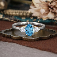 1 Carat Oval Shaped Classic Three Stone Aquamarine Wedding Ring