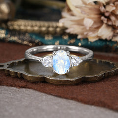 1 Carat Oval Shaped Classic Three Stone Moonstone Wedding Ring