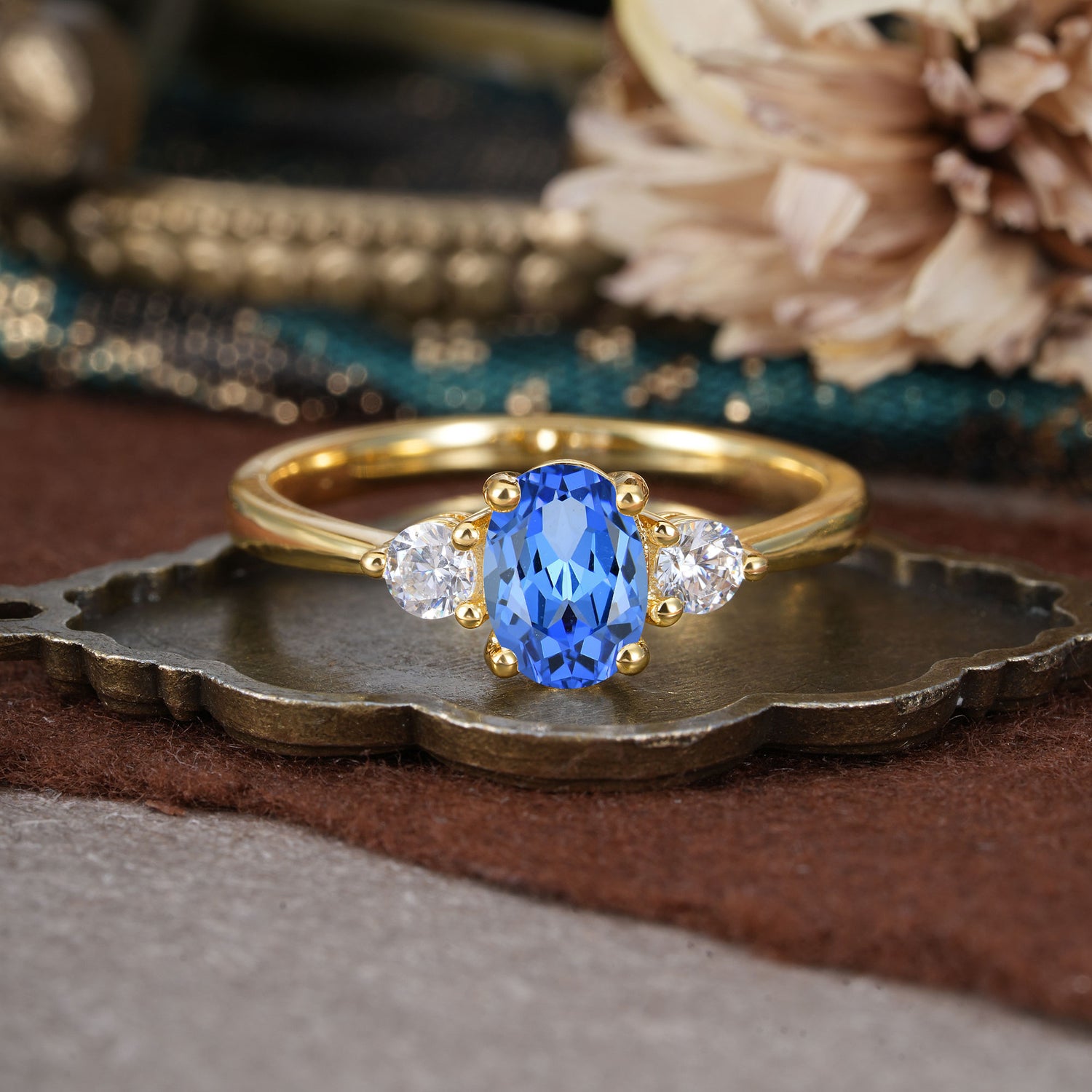 1 Carat Oval Shaped Classic Three Stone Sapphire Engagement Ring