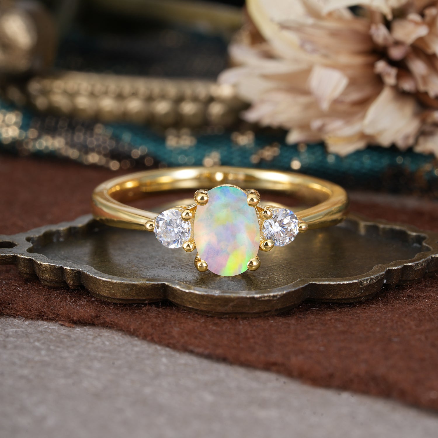 1 Carat Oval Shaped Classic Three Stone Opal Engagement Ring