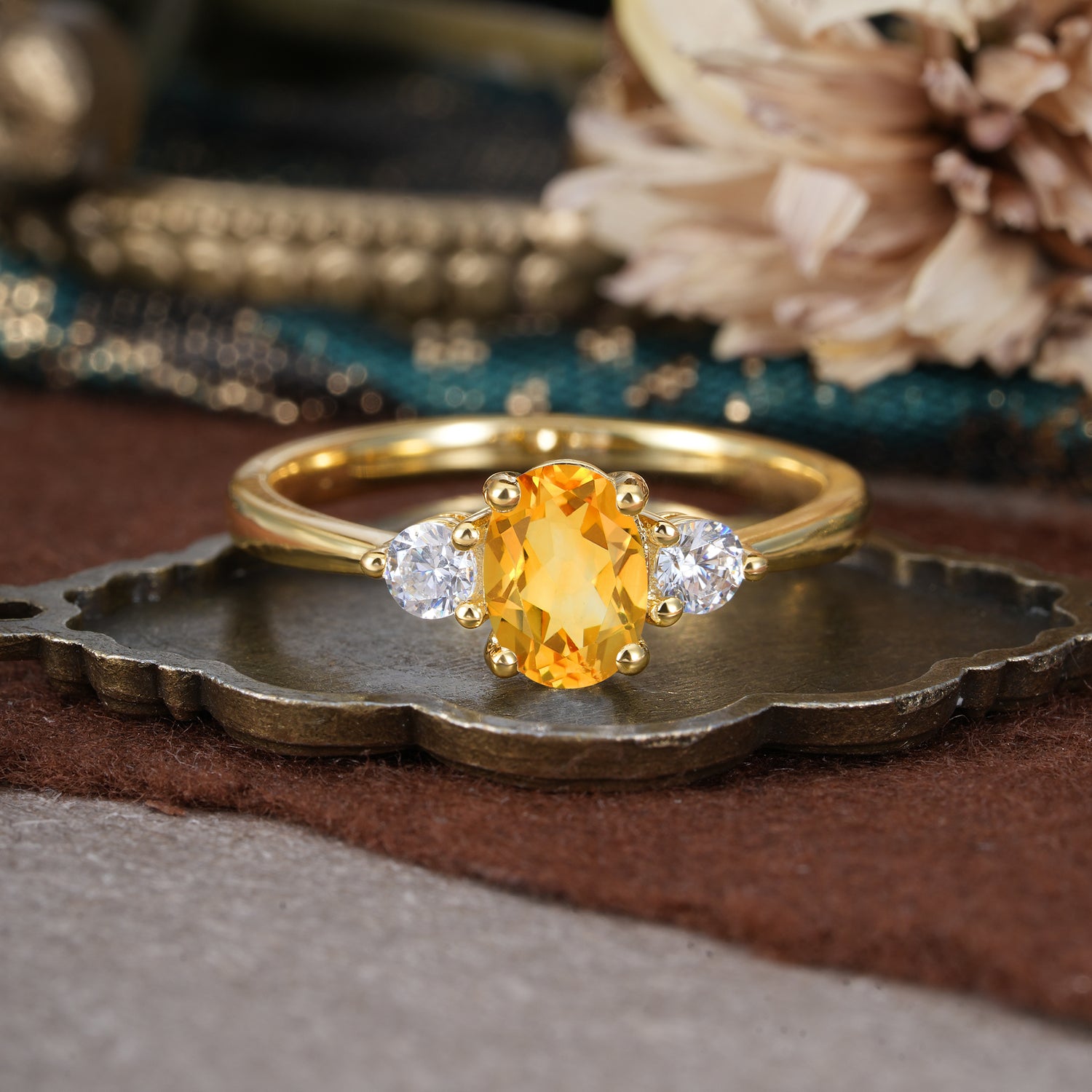 1 Carat Oval Shaped Classic Three Stone Citrine Engagement Ring