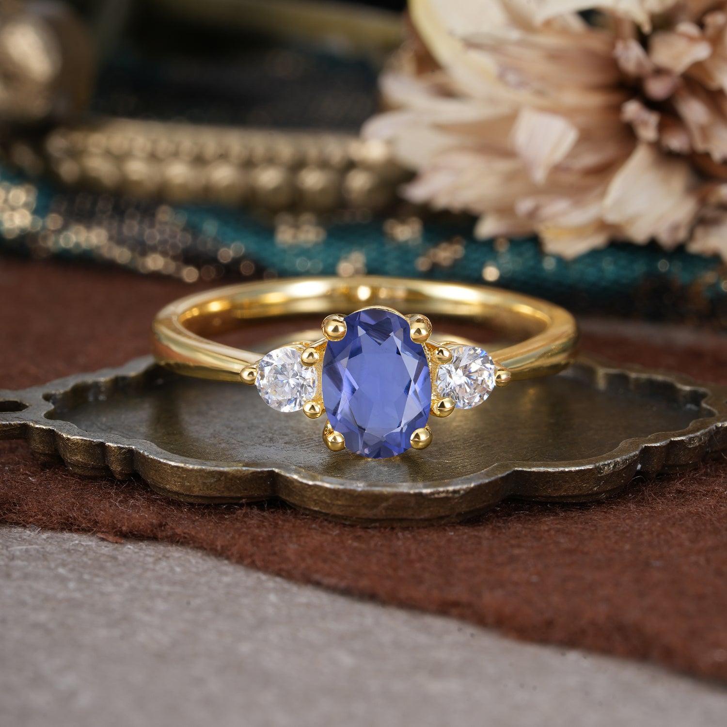 1 Carat Oval Shaped Classic Three Stone Tanzanite Engagement Ring