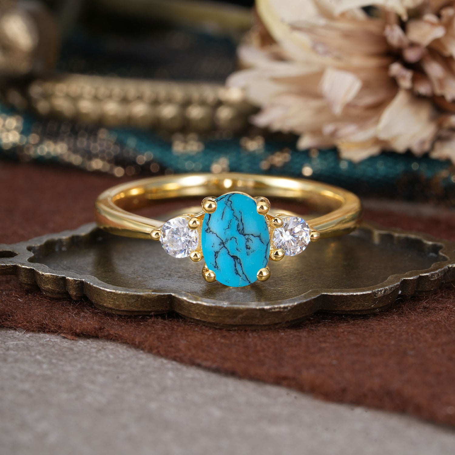 1 Carat Oval Shaped Classic Three Stone Turquoise Engagement Ring