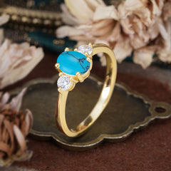 1 Carat Oval Shaped Classic Three Stone Turquoise Wedding Ring