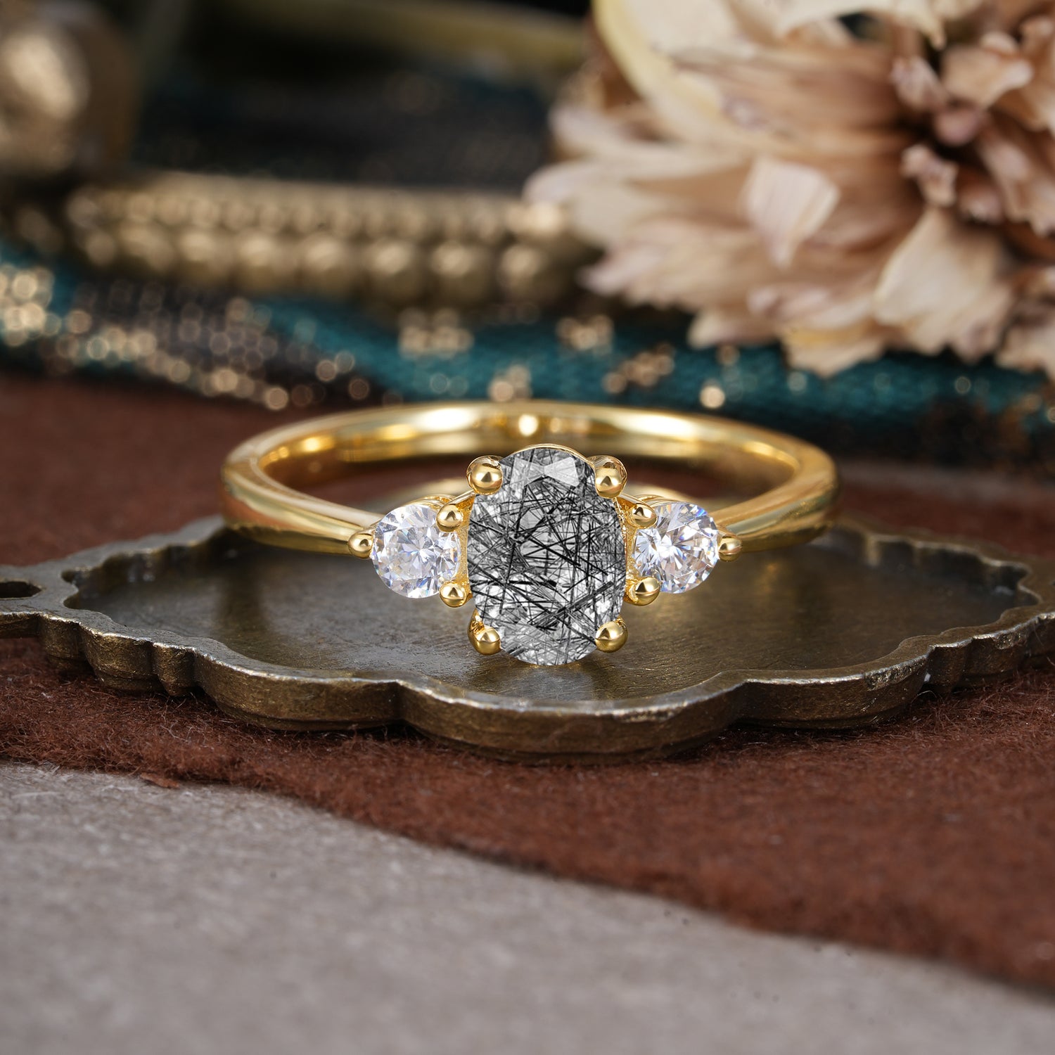 1 Carat Oval Shaped Classic Three Stone Black Rutilated Quartz Engagement Ring