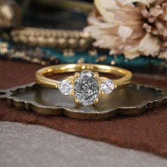1 Carat Oval Shaped Classic Three Stone Black Rutilated Quartz Wedding Ring