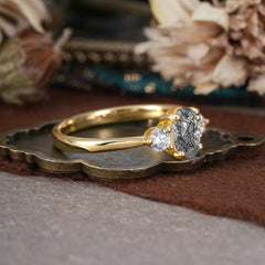 1 Carat Oval Shaped Classic Three Stone Black Rutilated Quartz Wedding Ring