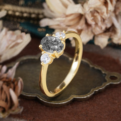1 Carat Oval Shaped Classic Three Stone Black Rutilated Quartz Wedding Ring