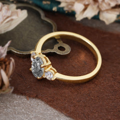 1 Carat Oval Shaped Classic Three Stone Black Rutilated Quartz Wedding Ring