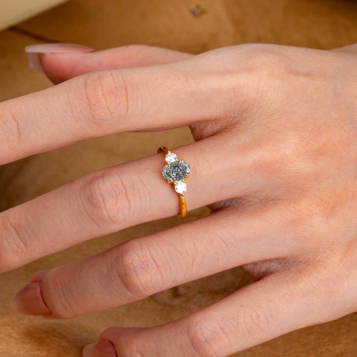 1 Carat Oval Shaped Classic Three Stone Black Rutilated Quartz Engagement Ring