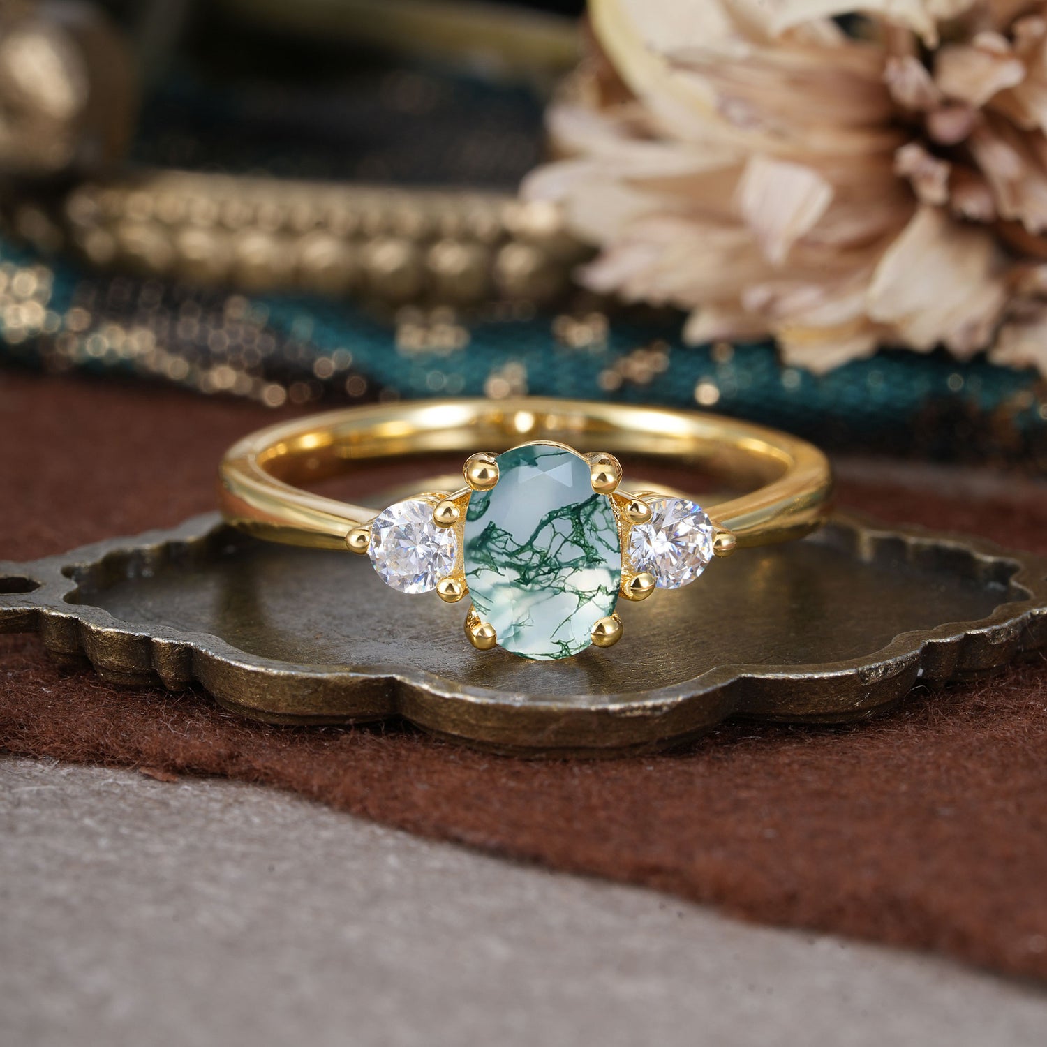 1 Carat Oval Shaped Classic Three Stone Moss Agate Engagement Ring