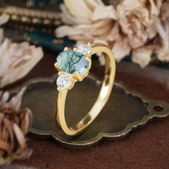 1 Carat Oval Shaped Classic Three Stone Moss Agate Wedding Ring