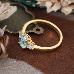 1 Carat Oval Shaped Classic Three Stone Moss Agate Wedding Ring