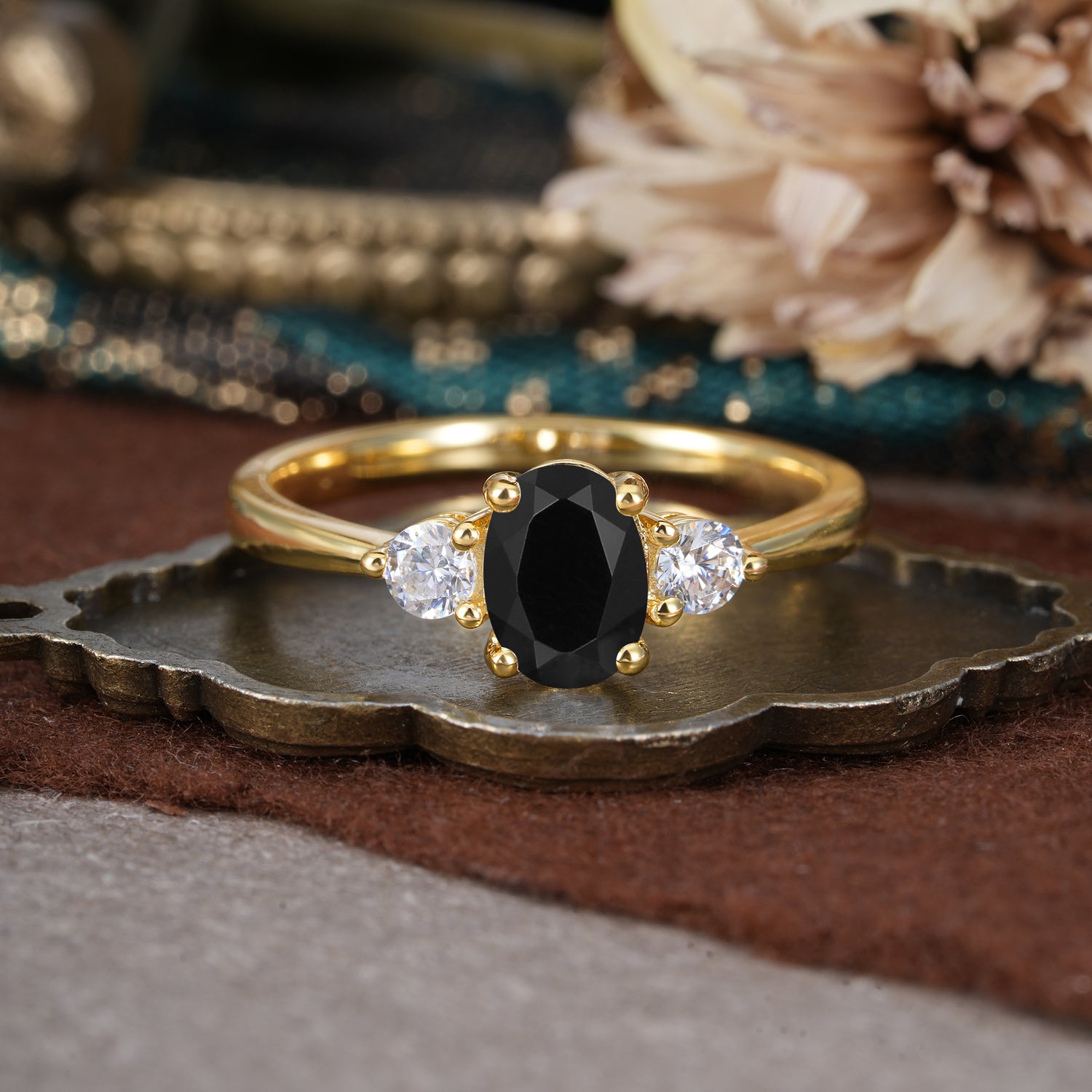 1 Carat Oval Shaped Classic Three Stone Black Onyx Engagement Ring