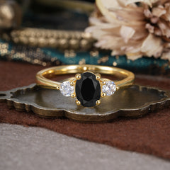 1 Carat Oval Shaped Classic Three Stone Black Onyx Wedding Ring