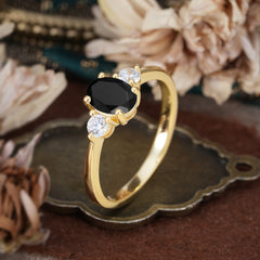 1 Carat Oval Shaped Classic Three Stone Black Onyx Wedding Ring