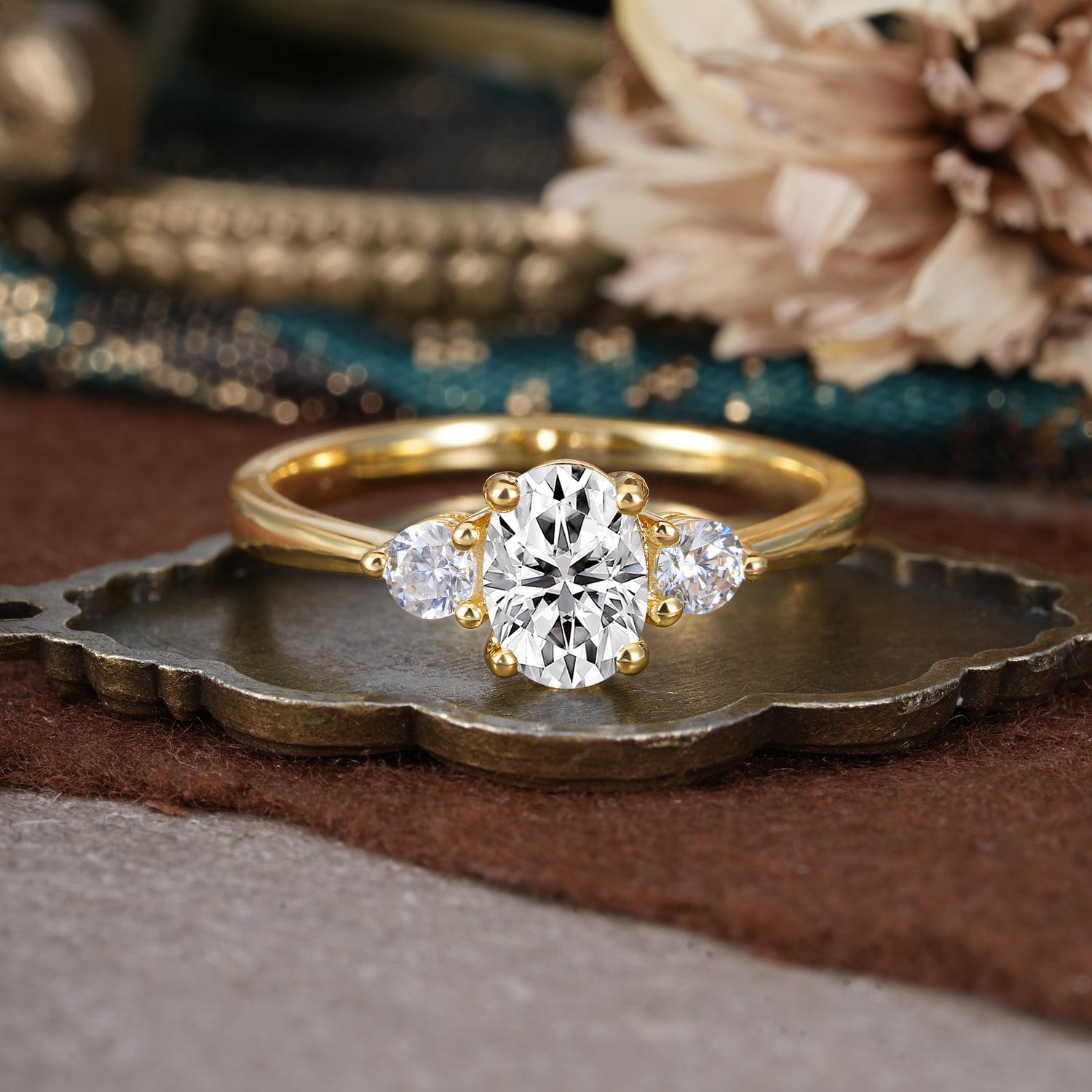 1 Carat Oval Shaped Classic Three Stone Lab Diamond Engagement Ring