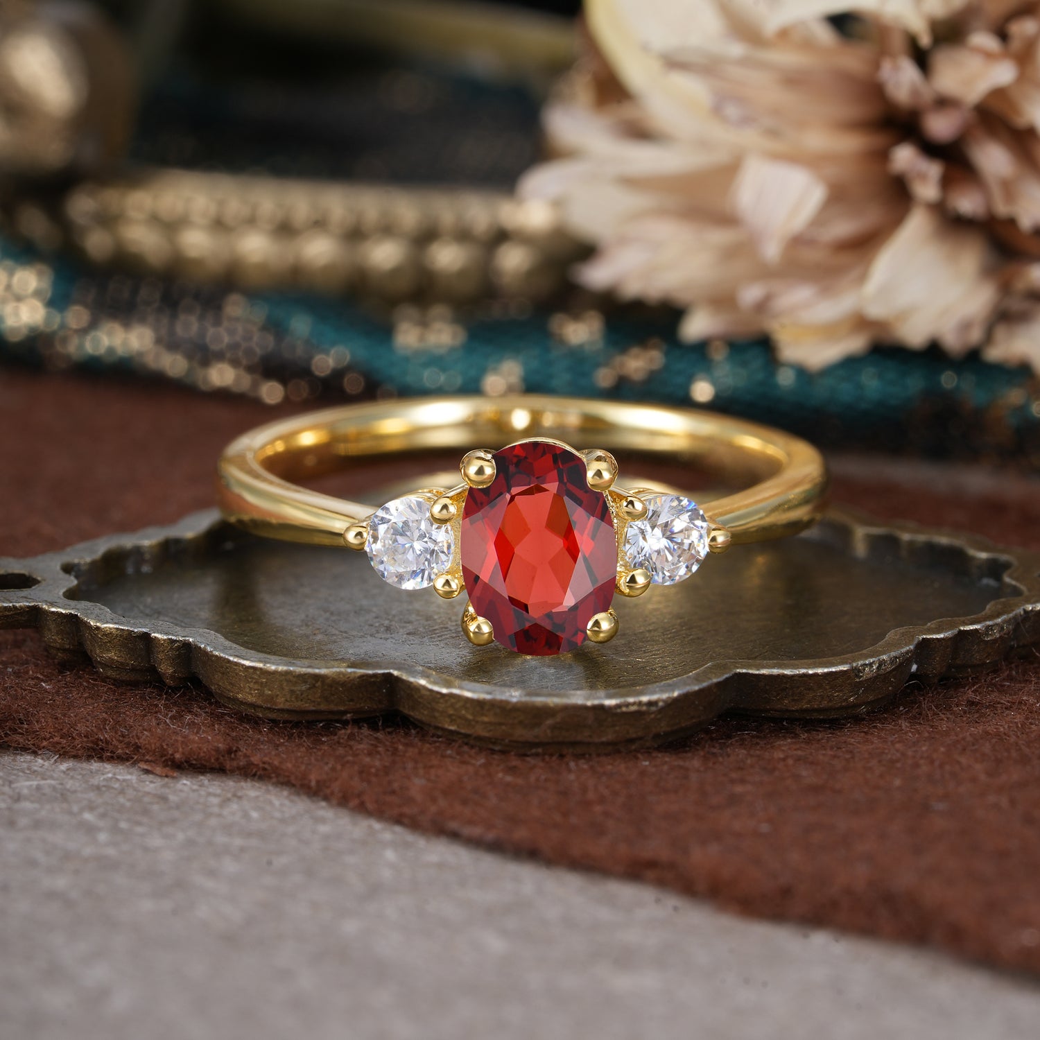 1 Carat Oval Shaped Classic Three Stone Garnet Engagement Ring