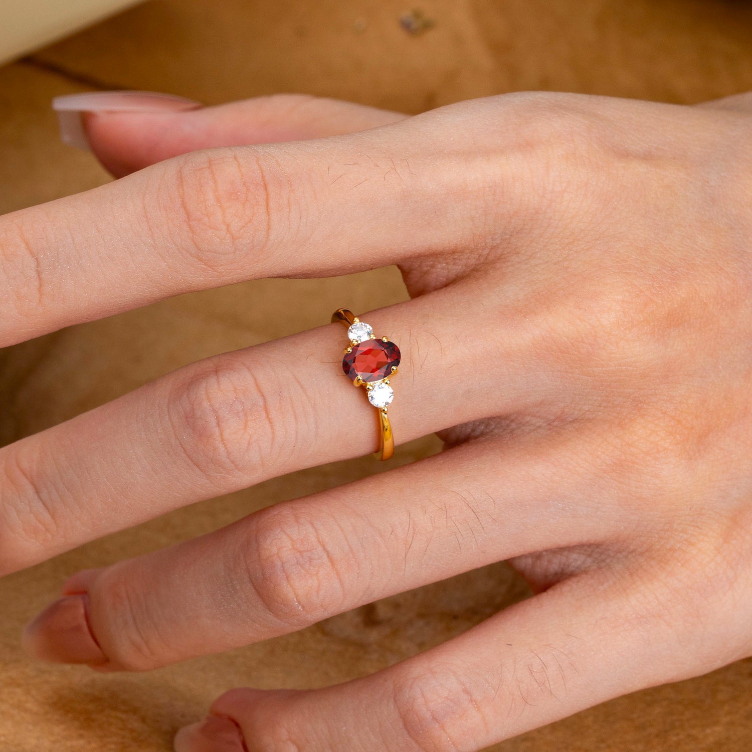 1 Carat Oval Shaped Classic Three Stone Garnet Engagement Ring