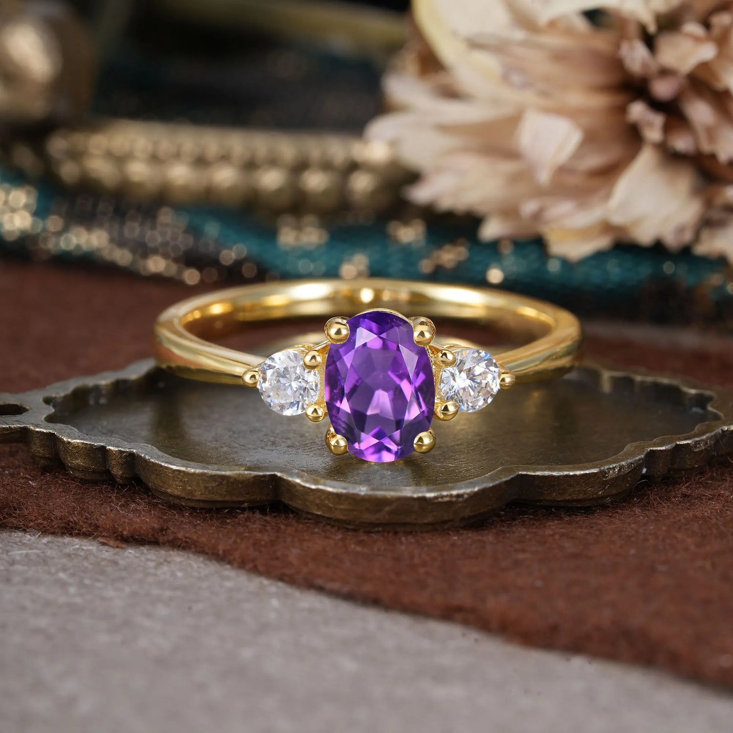 1 Carat Oval Shaped Classic Three Stone Amethyst Engagement Ring
