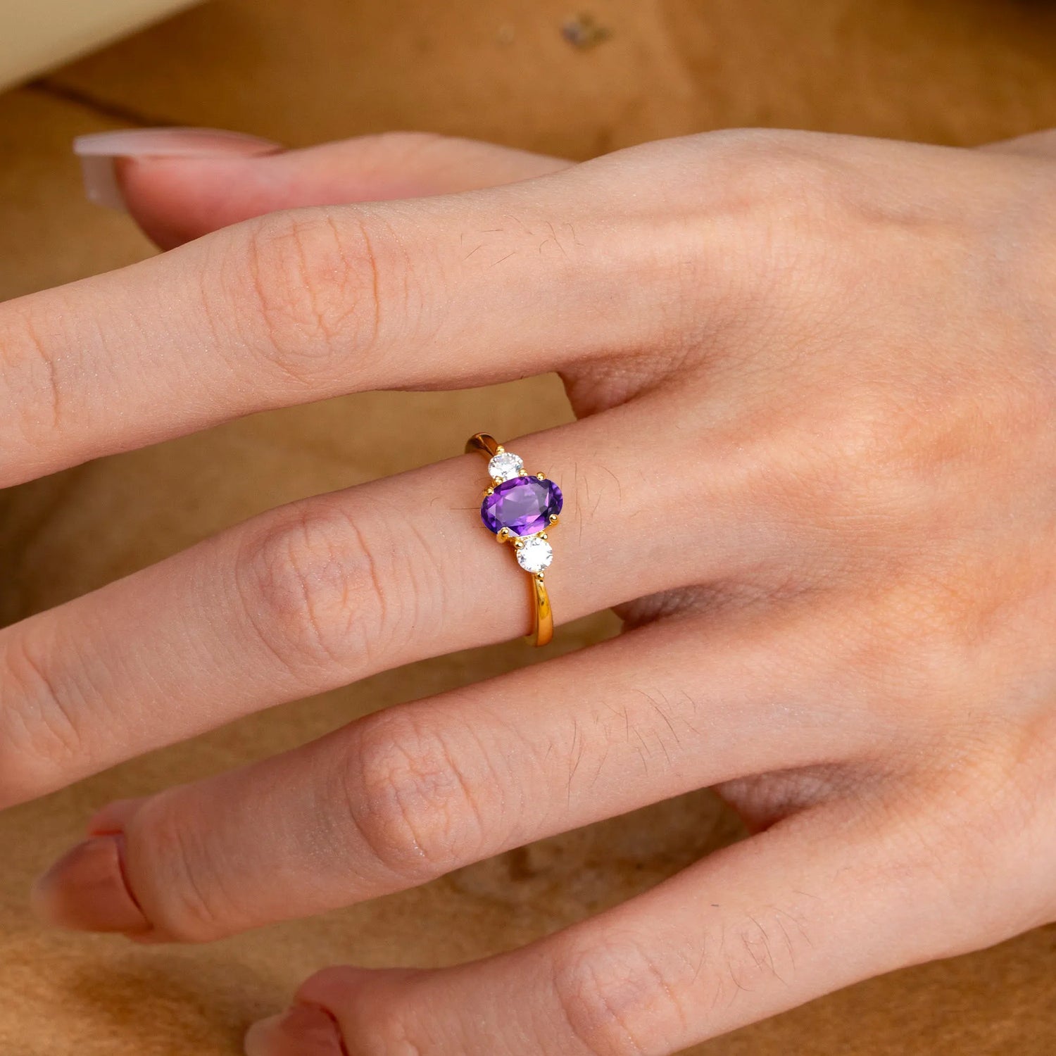 1 Carat Oval Shaped Classic Three Stone Amethyst Engagement Ring