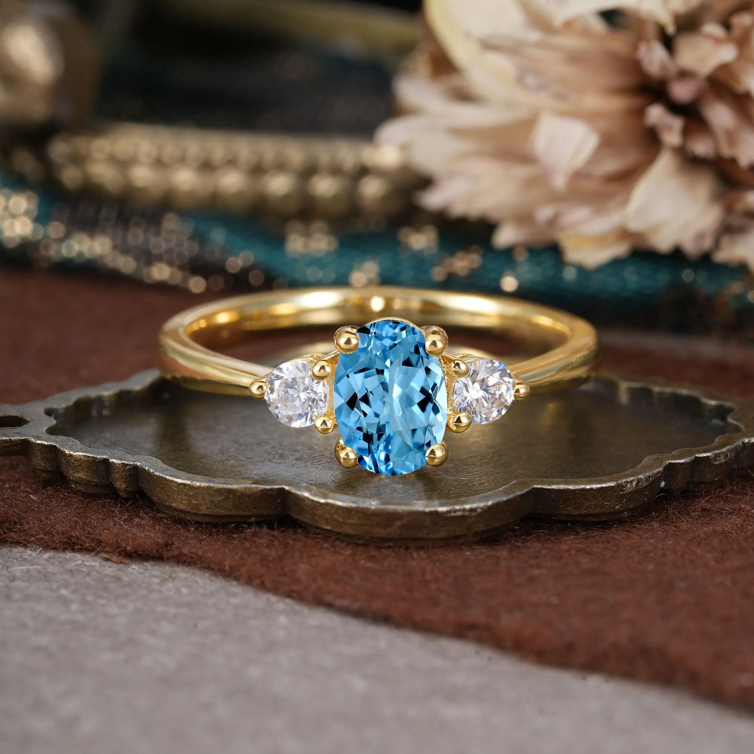 1 Carat Oval Shaped Classic Three Stone Aquamarine Engagement Ring