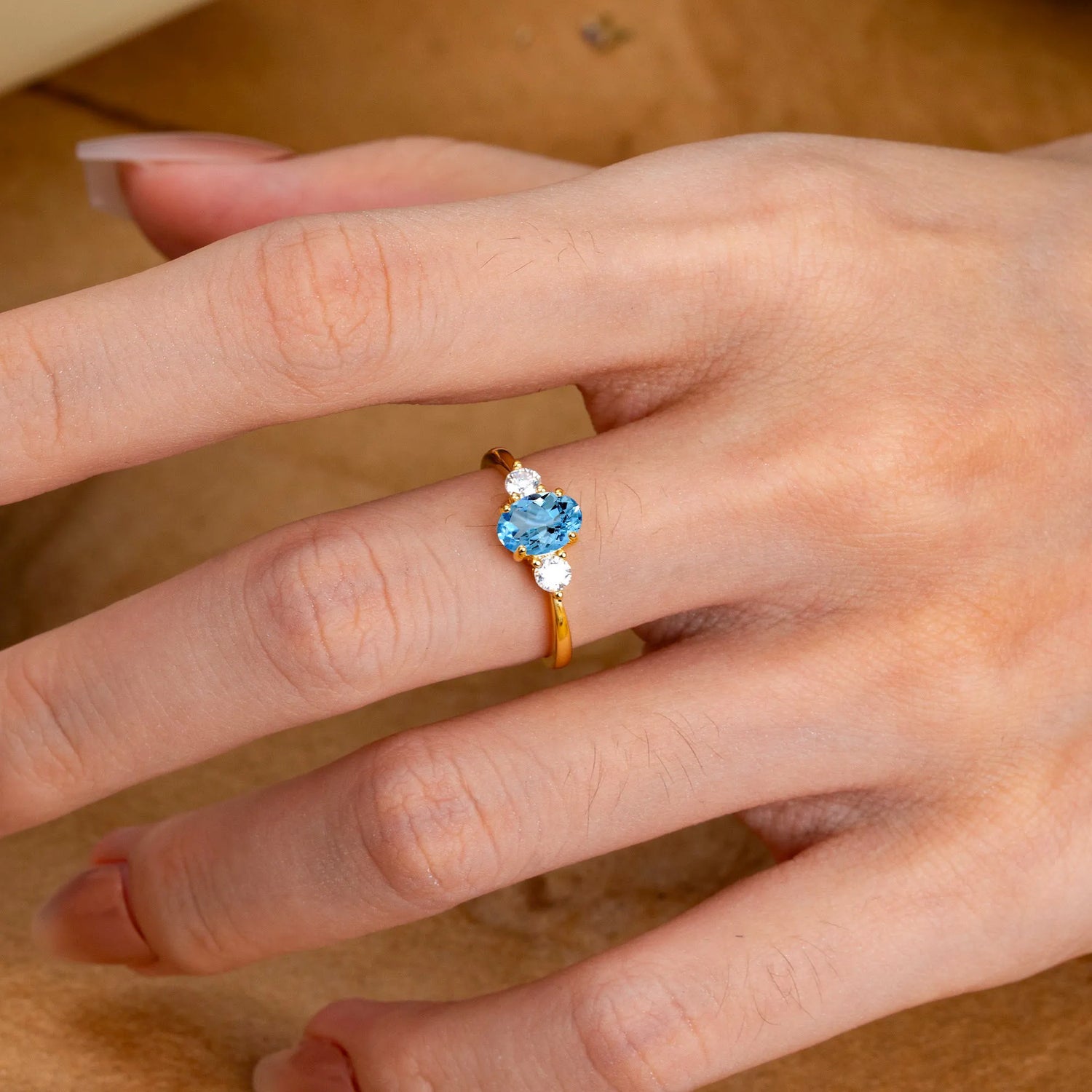 1 Carat Oval Shaped Classic Three Stone Aquamarine Engagement Ring