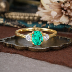 1 Carat Oval Shaped Classic Three Stone Emerald Wedding Ring