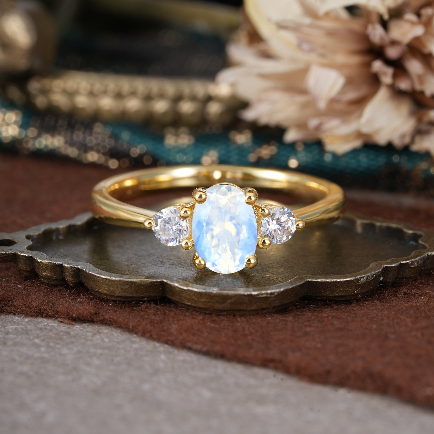 1 Carat Oval Shaped Classic Three Stone Moonstone Engagement Ring