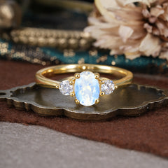 1 Carat Oval Shaped Classic Three Stone Moonstone Wedding Ring