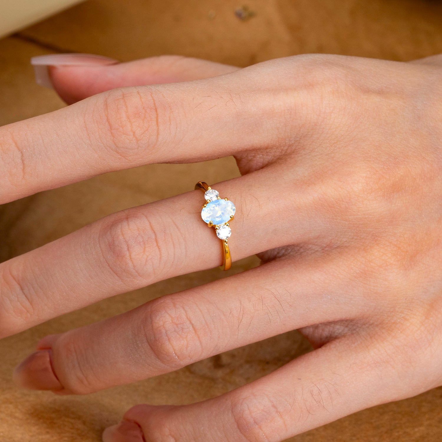 1 Carat Oval Shaped Classic Three Stone Moonstone Engagement Ring