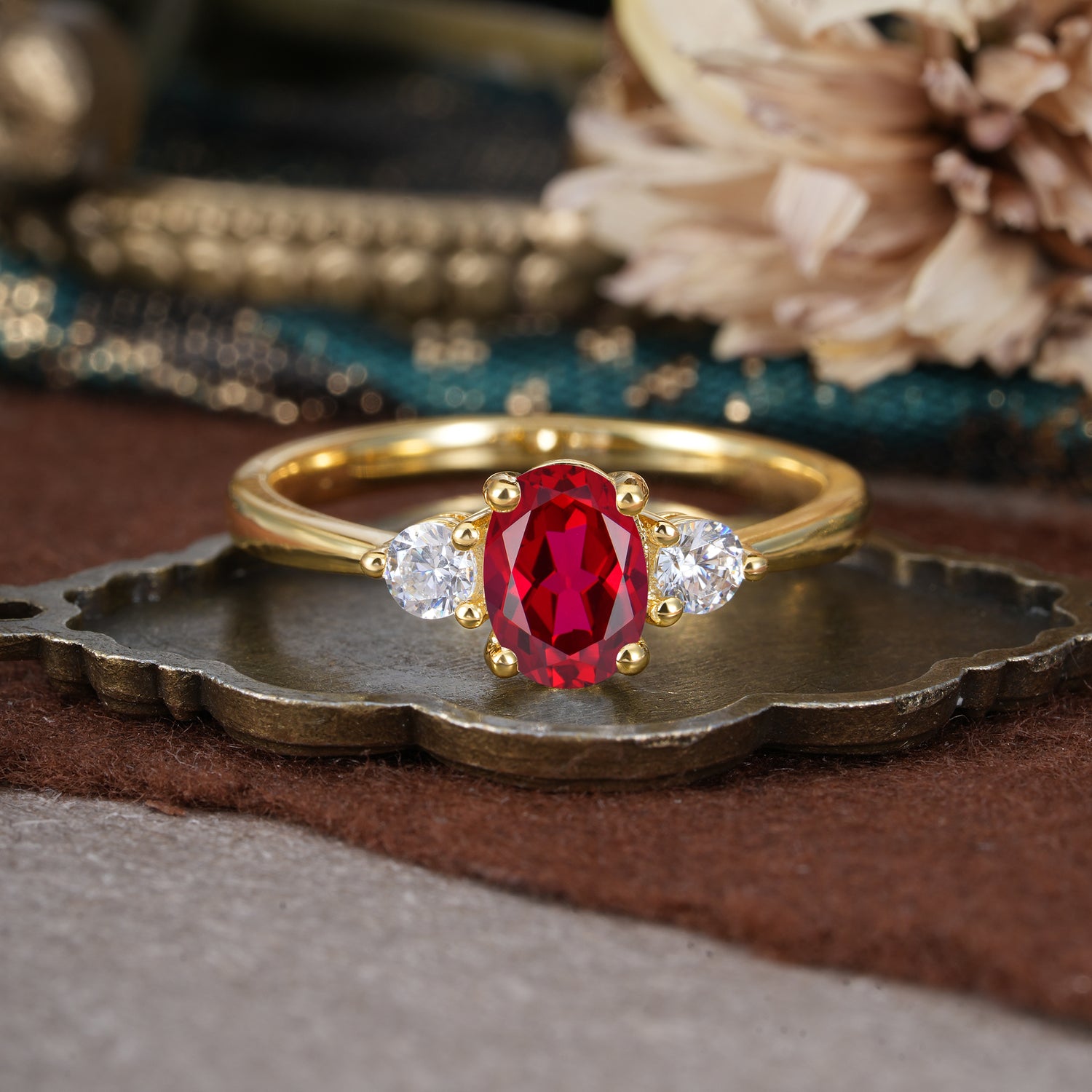 1 Carat Oval Shaped Classic Three Stone Ruby Engagement Ring