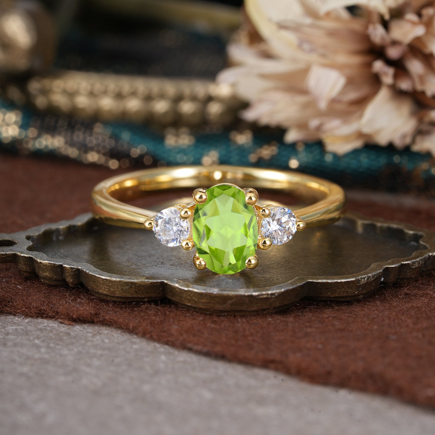 1 Carat Oval Shaped Classic Three Stone Peridot Engagement Ring