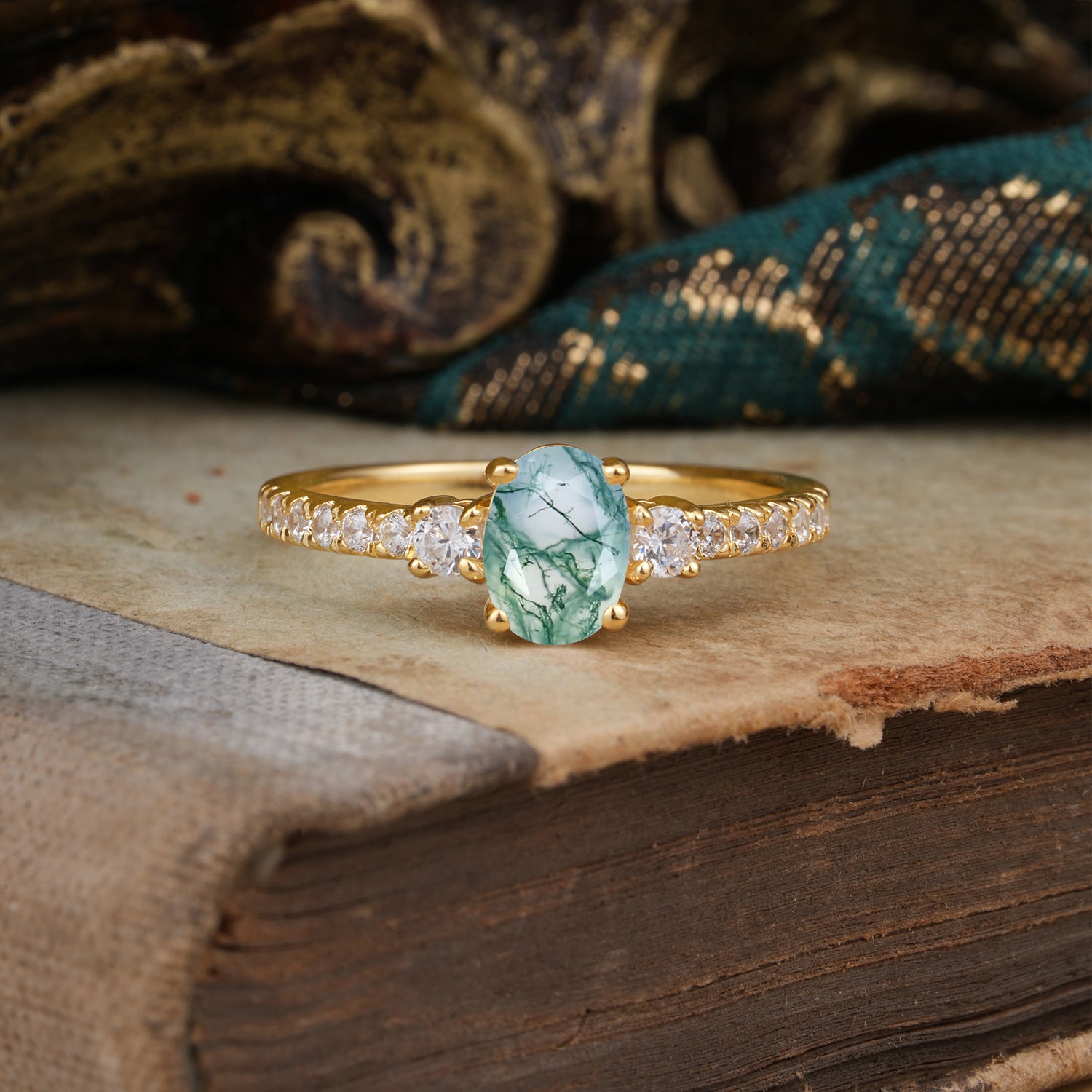 1 Carat Oval Cut Three Stone Moss Agate Promise Ring Classic Engagement Ring