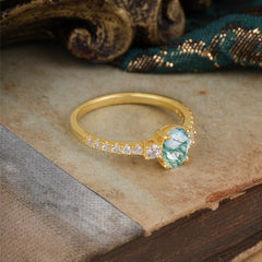 1 Carat Oval Cut Three Stone Moss Agate Promise Ring Classic Wedding Ring