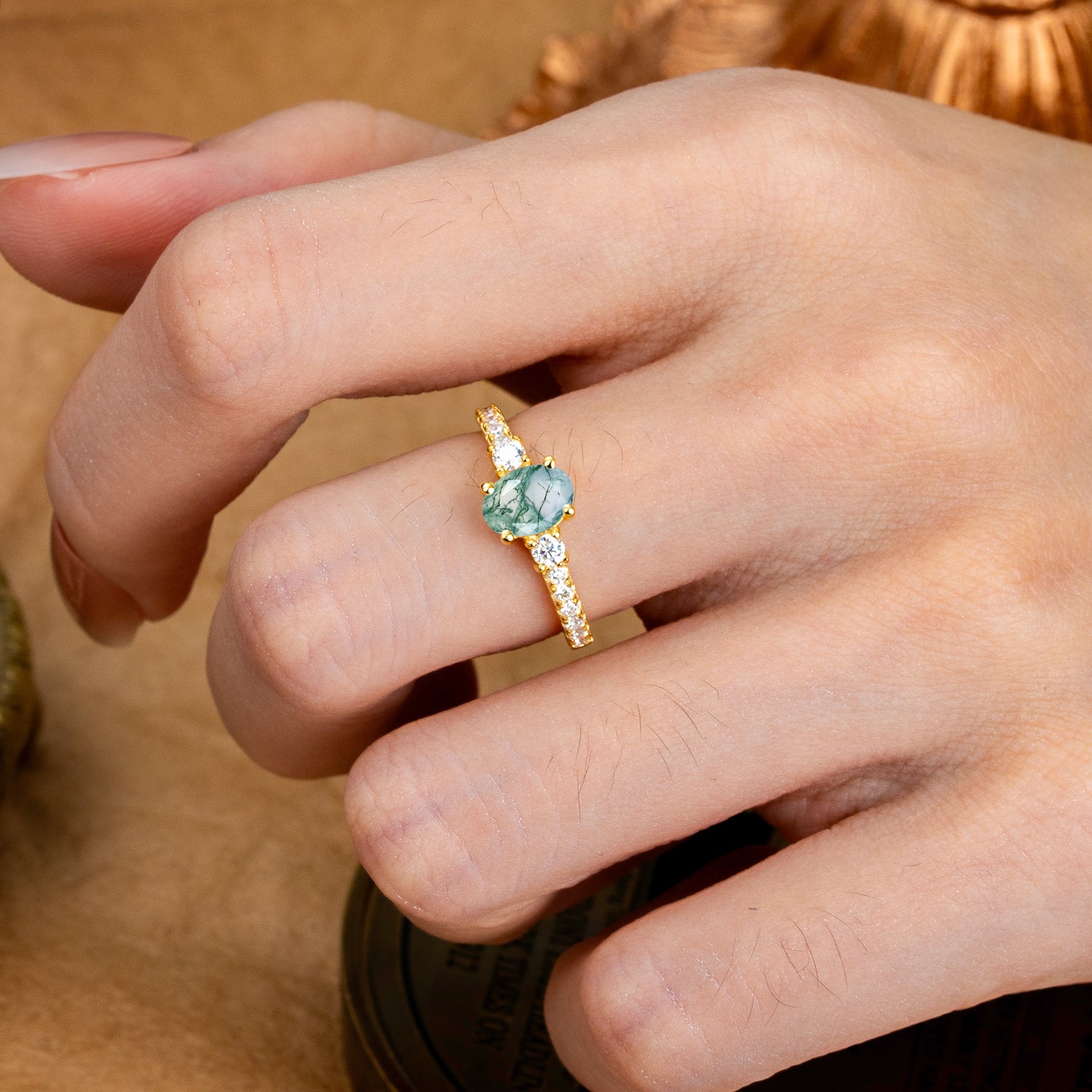 1 Carat Oval Cut Three Stone Moss Agate Promise Ring Classic Engagement Ring