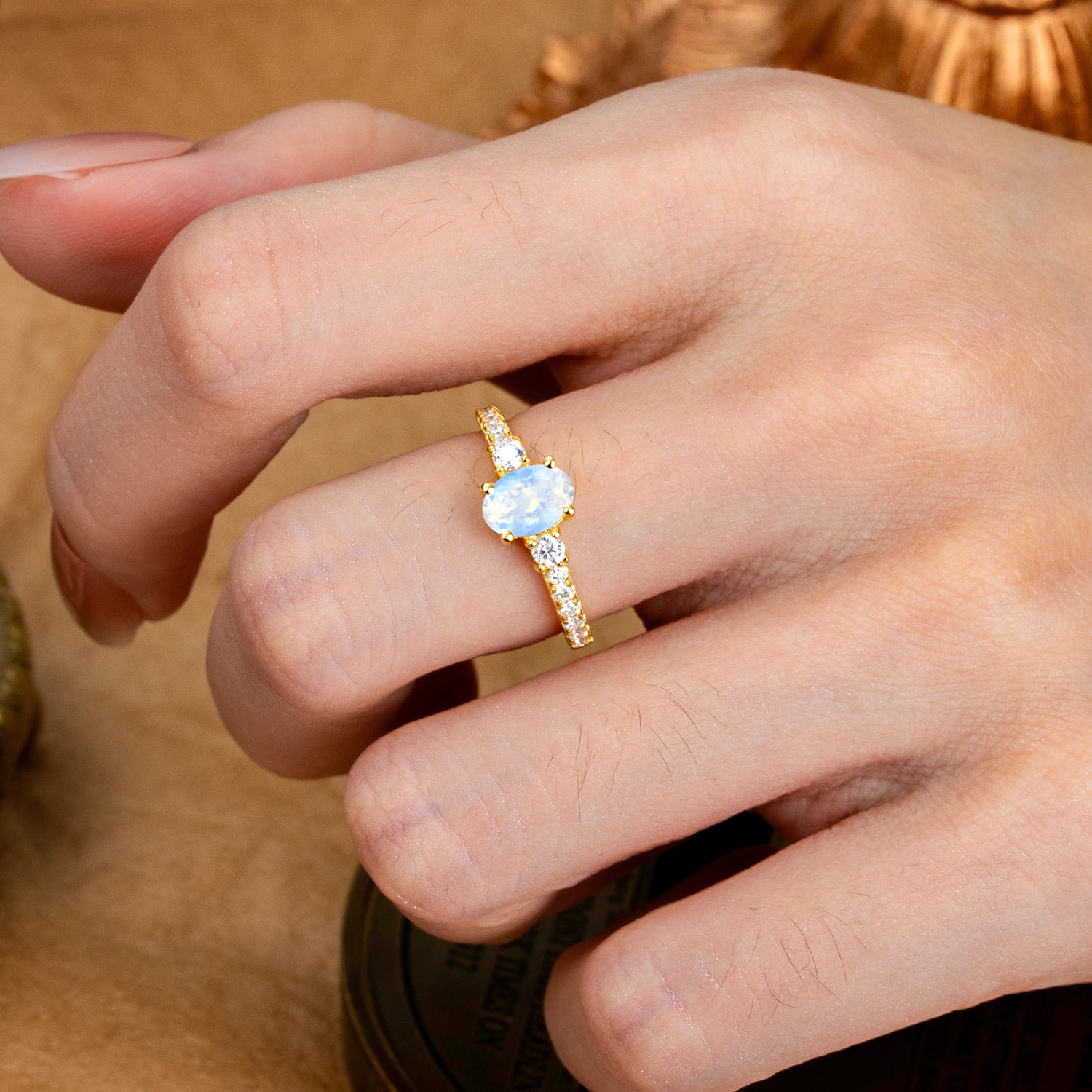 1 Carat Oval Cut Three Stone Natural Moonstone Promise Ring Classic Engagement Ring