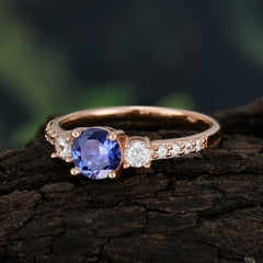 Round Cut Tanzanite Engagement Ring Three Stone Promise Ring Four Claw Prong Setting