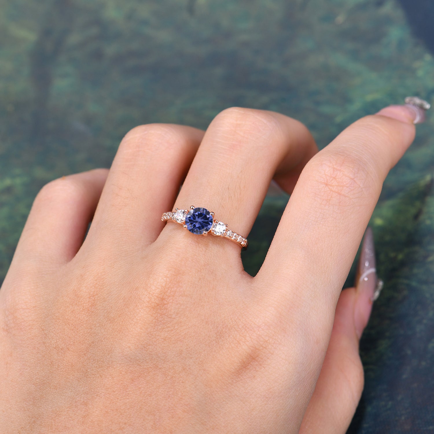 Round Cut Tanzanite Engagement Ring Three Stone Promise Ring Four Claw Prong Setting - Romalar Jewelry