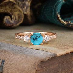 Round Cut Turquoise Engagement Ring Three Stone Promise Ring Four Claw Prong Setting