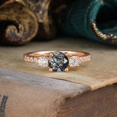 Round Cut Black Rutilated Quartz Engagement Ring Three Stone Promise Ring Four Claw Prong Setting